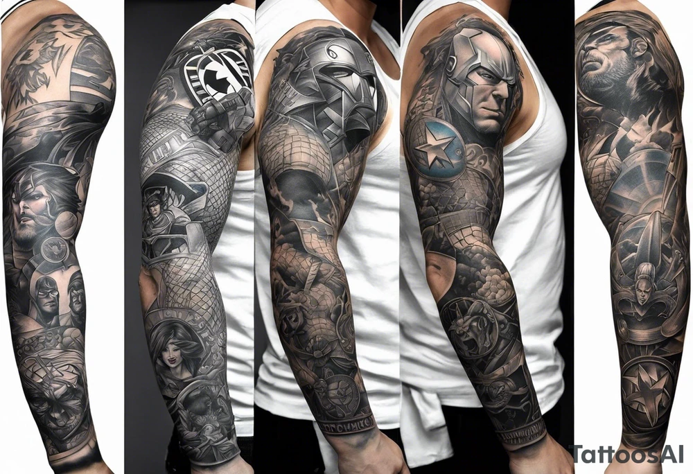 Full arm sleeve tattoo extending from shoulder to wrist featuring an assemble of only the emblems of DC comic heroes and villians.  Do not include the characters, only the emblems. tattoo idea