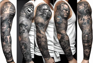 Full arm sleeve tattoo extending from shoulder to wrist featuring an assemble of only the emblems of DC comic heroes and villians.  Do not include the characters, only the emblems. tattoo idea