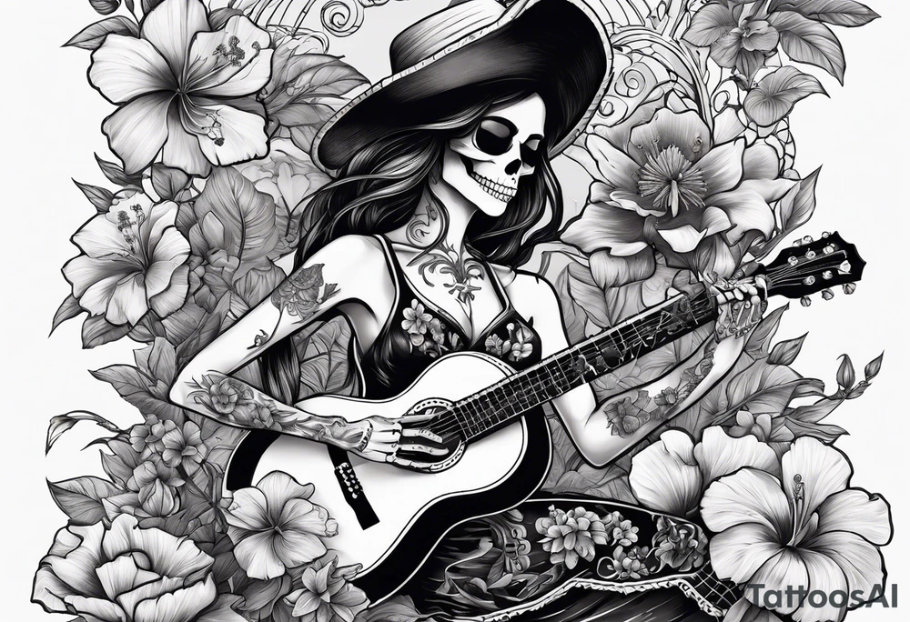 a female skeleton with hibisucs flowers, and a male skeleton playing guitar. tattoo idea