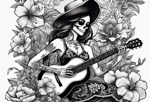 a female skeleton with hibisucs flowers, and a male skeleton playing guitar. tattoo idea