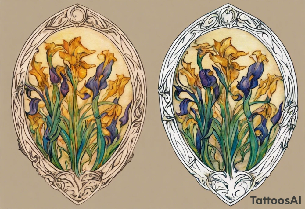 Create a colorful Vincent van Gogh Irises tattoo with Athena's shield and spear. The tattoo should take the form of a crescent, with vines gracefully intertwining at a central point in the middle of the wreath.  The intended placement is on the upper chest. The overall design should be small in size while maintaining a delicate and artistic aesthetic. Pay attention to the graceful flow of the vines and the placement of the irises to achieve a refined and elegant look. tattoo idea