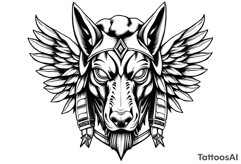 Egyptian Anubis god face muscle in Egypt style  with mantle on head with empty eyes 

dog face surrounded Egyptian symbols based on elements tattoo idea