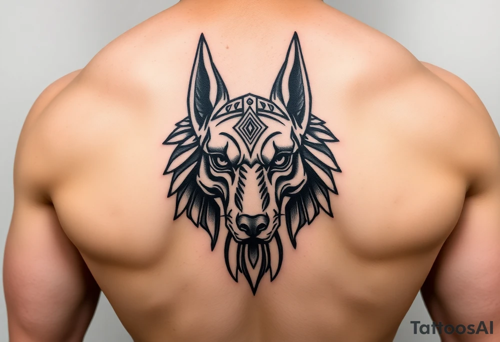 muscle Egyptian Anubis god face in Egypt style dog face tattoo idea