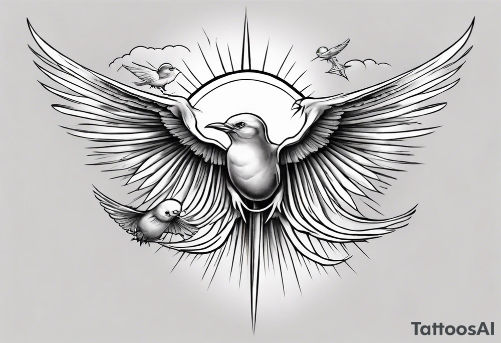 a shoulder tattoo with rays of light, clouds and birds flying free tattoo idea