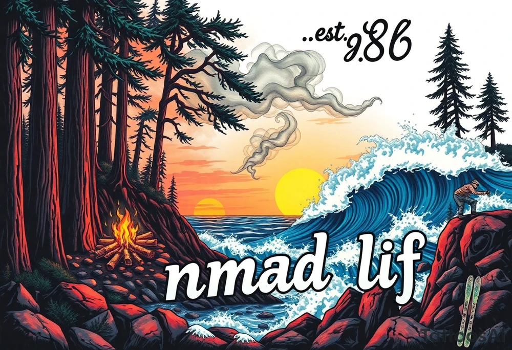 Collage of Redwood forest cliff huge trees campfire smoke and sunset meeting ocean  with huge waves crashing on the rocky shoreline and a night ski with the words "est.1986 nomad life" in graffiti like old English custom letters tattoo idea