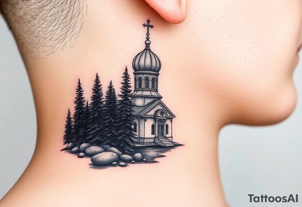 medium sized russian orthodox dome church with a separated virgin mary praying beside a lake and pine trees on the sized of my neck tattoo idea