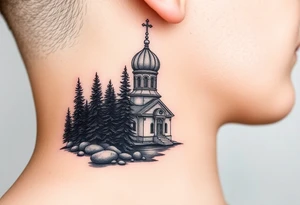medium sized russian orthodox dome church with a separated virgin mary praying beside a lake and pine trees on the sized of my neck tattoo idea