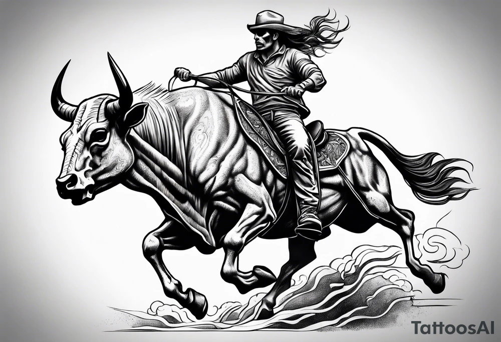 Skeleton riding bull tattoo idea