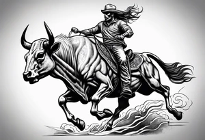 Skeleton riding bull tattoo idea