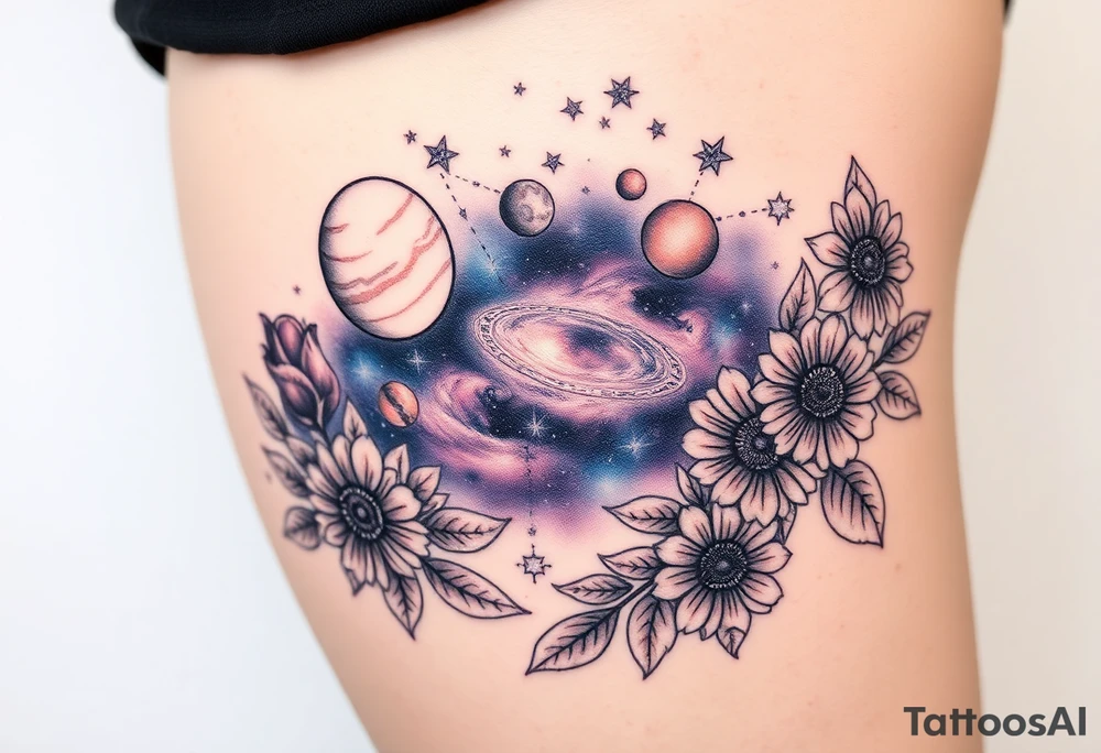 Milky way galaxy with planets with zodiac symbols and protection runes in it with tigerlillies roses and sunflowers tattoo idea