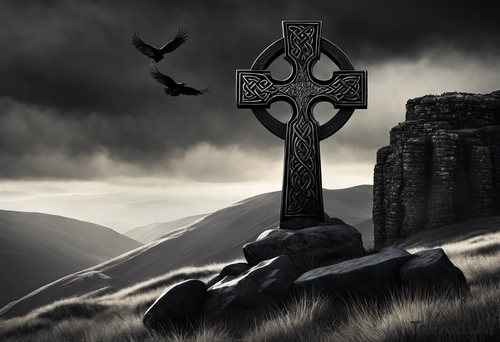 A monochromatic scene of a stone Celtic cross standing tall against a windswept hill. The intricate designs etched into the cross are starkly contrasted against its weathered, black surface. At the arm of the cross, a large raven perches elegantly, its ebony feathers seemingly absorbing the light. The bird's piercing eyes are fixed on something beyond the viewer's sight, lending an air of mystery to the already enigmatic monument. The surrounding landscape is desolate and barren, with the occasional tuft of brown grass struggling to survive the harsh elements. A veil of fog hovers just above the ground, adding to the eerie atmosphere and further isolating the cross from the world around it. The image evokes a sense of timelessness and the enduring strength of Celtic heritage, even in the face of the relentless march of time. tattoo idea