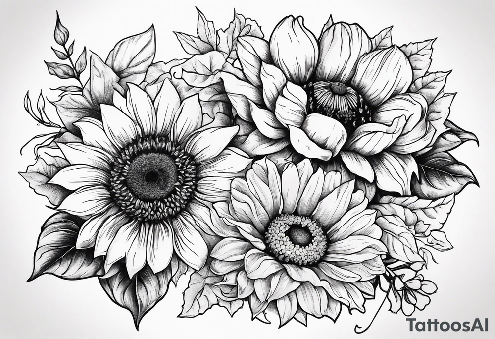 Sunflower, zinnia, poppy, morning glory tattoo idea