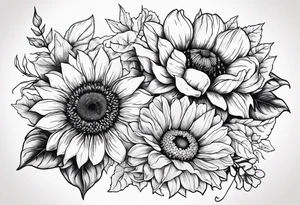 Sunflower, zinnia, poppy, morning glory tattoo idea