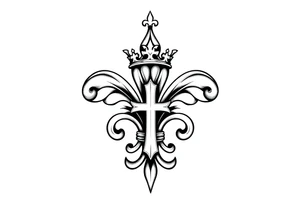 a flor de lis with a tilted crown on top and a cross hidden inside the flor de lis tattoo idea