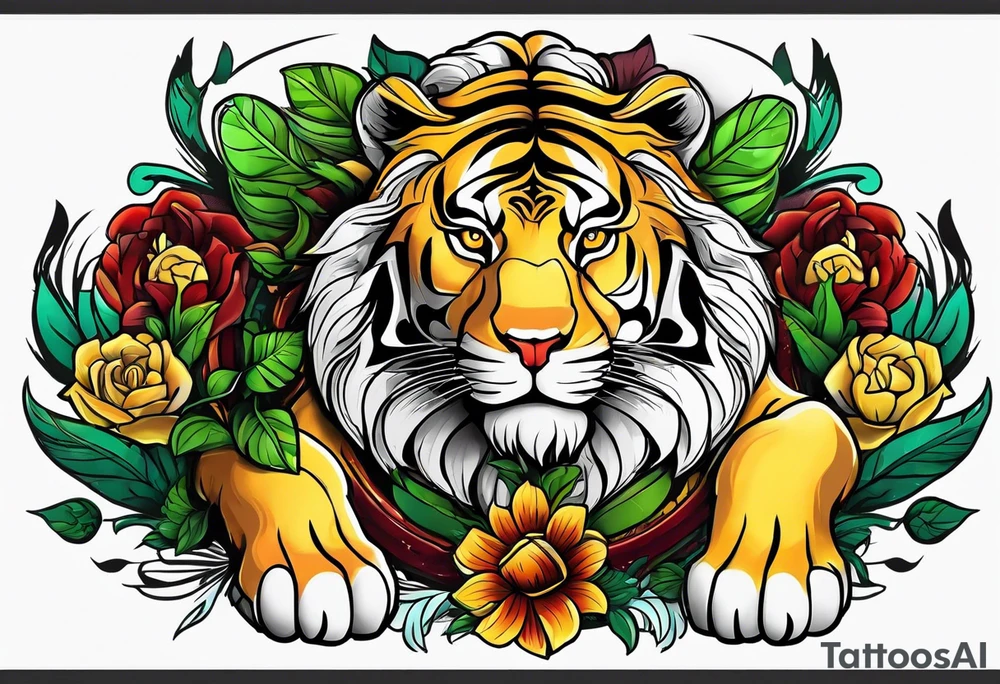 Lion and tiger with colors green, yellow, maroon and black tattoo idea