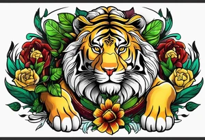 Lion and tiger with colors green, yellow, maroon and black tattoo idea