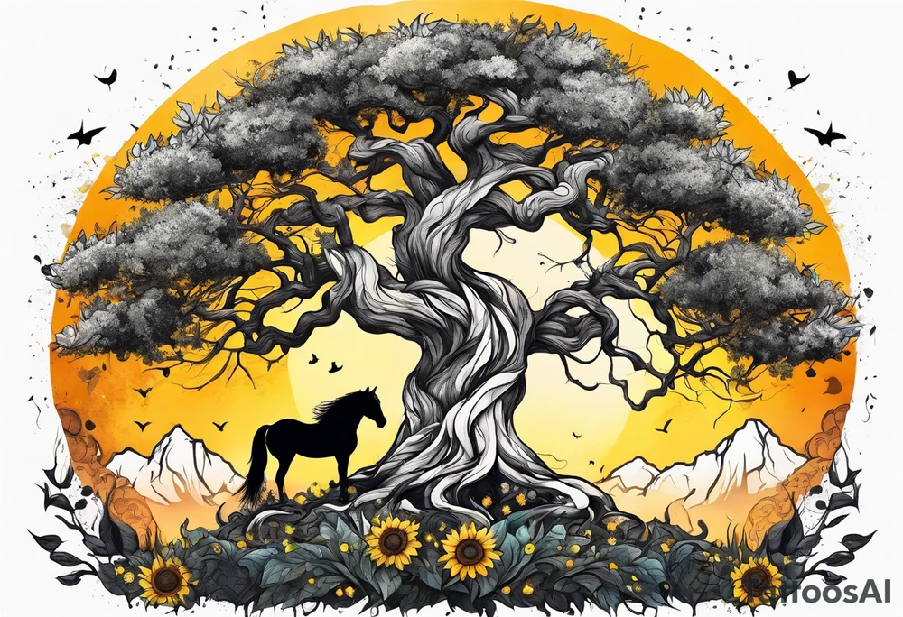 Yggdrasil tree, horse in front of it, and sunflowers tattoo idea