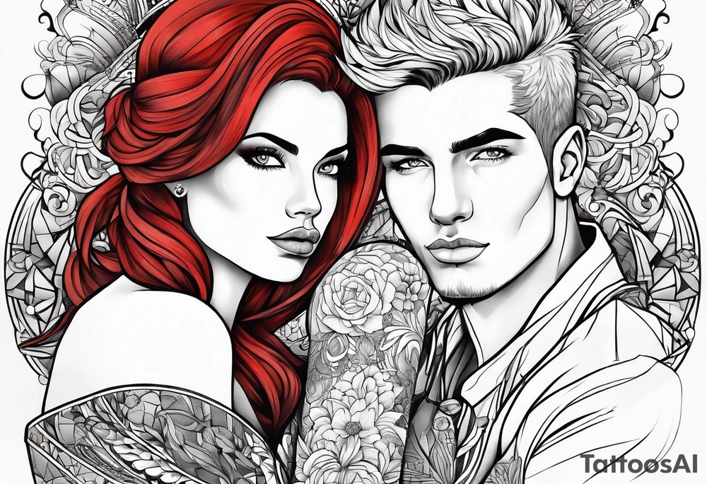 Red haired woman with black haired man tattoo idea
