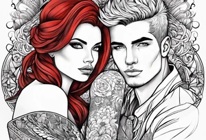 Red haired woman with black haired man tattoo idea