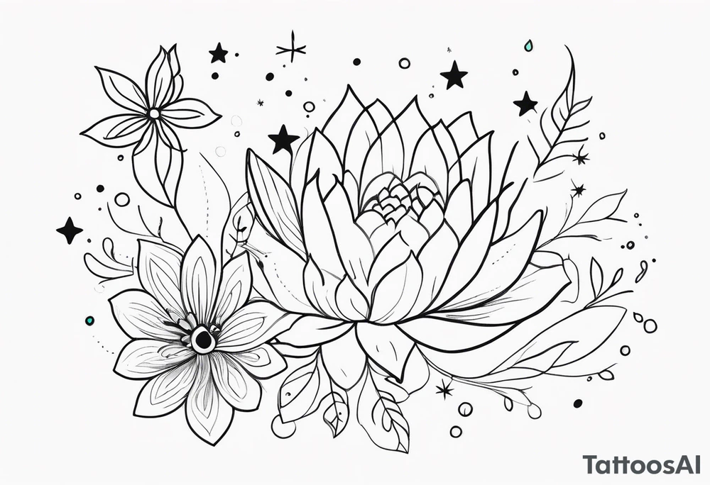fine line floral with stars, swirls, dots tattoo idea