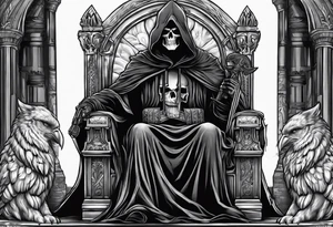 Grim reaper holing 2 desert eagles on a throne. tattoo idea