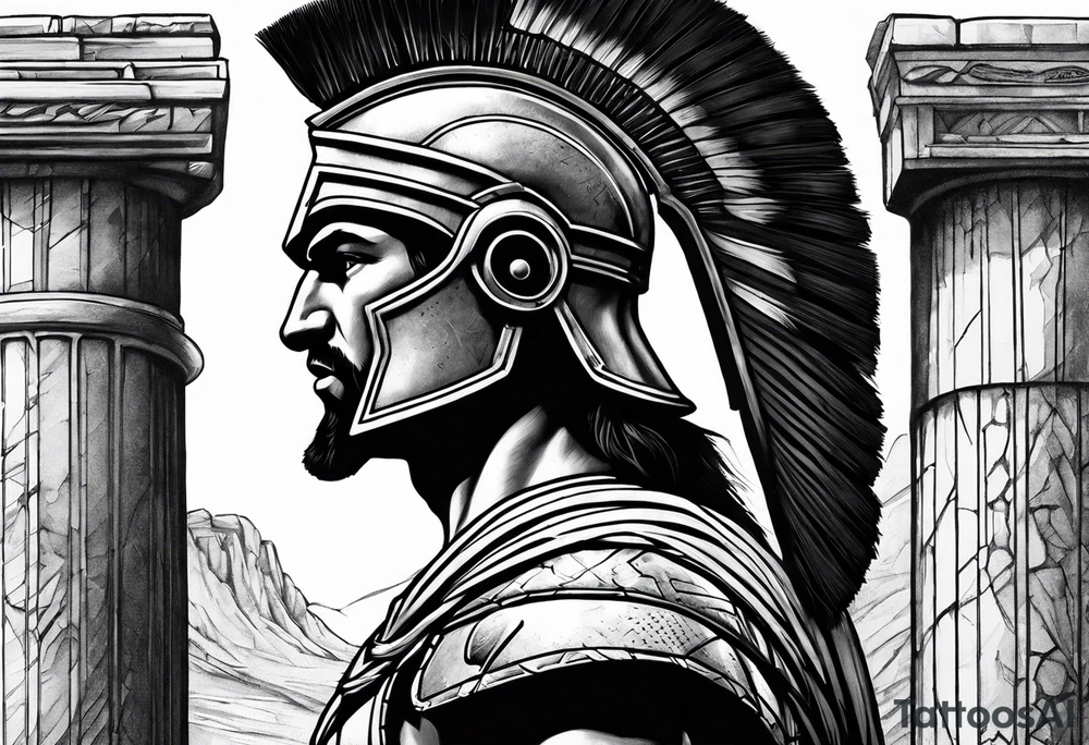 Side profile of spartan soilder with ancient pillars in foreground tattoo idea