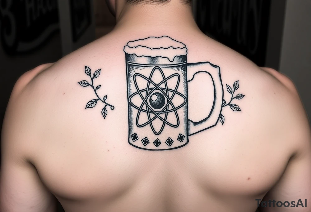 A fine line style German stein in a with an atom in the middle part of the stein and vines around the atom on the stein tattoo idea