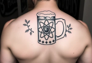 A fine line style German stein in a with an atom in the middle part of the stein and vines around the atom on the stein tattoo idea