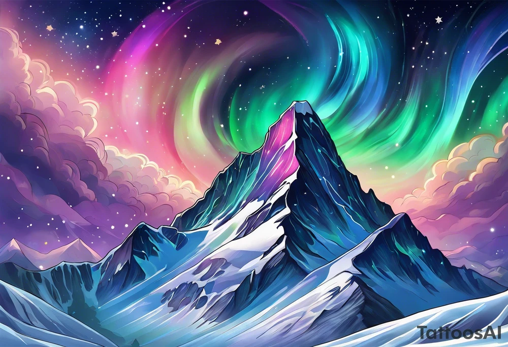 Aurora borealis with mountain and stars tattoo idea