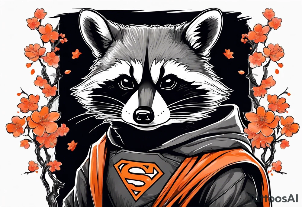 Raccoon wearing a white Superman logo on a black hoodie and orange Japanese cherry blossoms tattoo idea