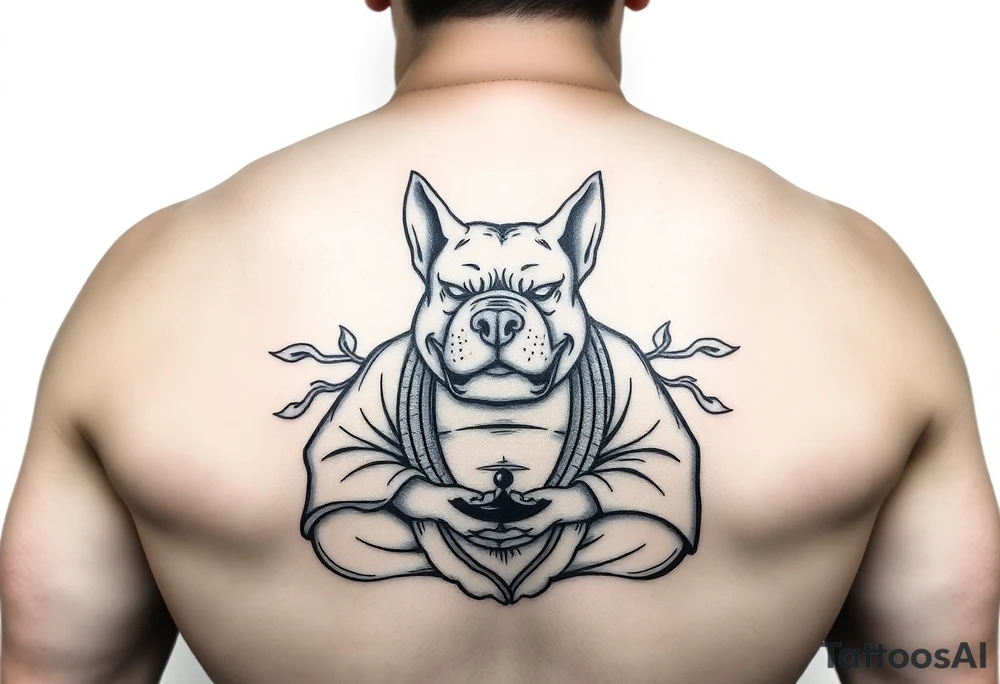 Meditating fat Buddha with happy pitbull head tattoo idea