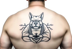 Meditating fat Buddha with happy pitbull head tattoo idea
