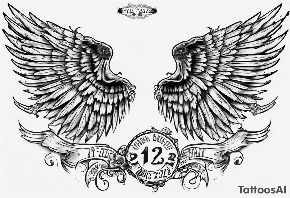 Wings with the dates 09/12/2012 and 24/10/2023 in between the wings tattoo idea