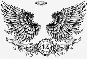 Wings with the dates 09/12/2012 and 24/10/2023 in between the wings tattoo idea