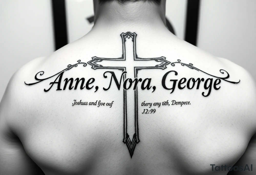 A cross with my grandparents name Anne, Nora, George and add this bible verse Joshua 1:9: "Be strong and courageous. Do not be afraid; do not be discouraged, for the Lord your God will be with you wherever you go tattoo idea