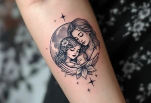 Family drawn in white ink over a soft gray moon, symbolizing everlasting connection. tattoo idea