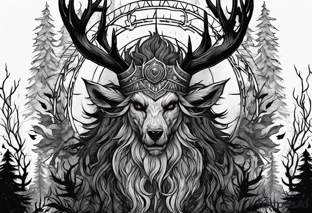 A SCARY lore accurate wendigo surrounded by a forest fire in background tattoo idea