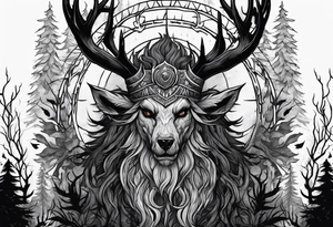 A SCARY lore accurate wendigo surrounded by a forest fire in background tattoo idea