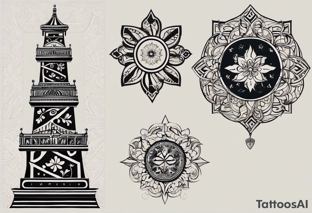 Create a tattoo design that symbolizes the connection between a family spread across Portugal and Germany, with a central figure who travels between the two. Incorporate elements representing both countries' cultures and landmarks, linked by a path or journey motif. The design should evoke feelings of unity, distance, and the bond of family. tattoo idea