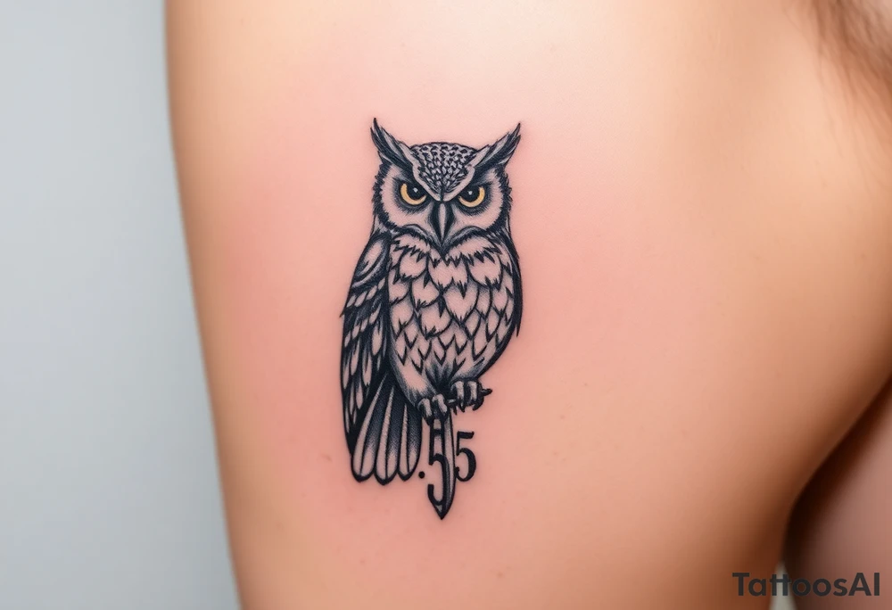ovo owl with time stamp 5:55 behind it like a shadow top to bottom on calf tattoo idea