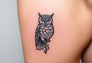 ovo owl with time stamp 5:55 behind it like a shadow top to bottom on calf tattoo idea