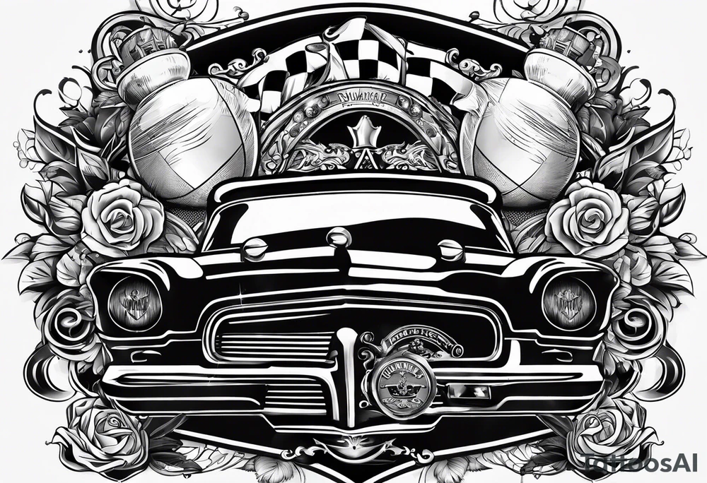Bowling theme with car parts and LaValley family crest tattoo idea