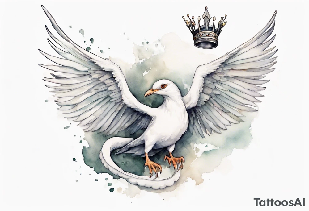 a white bird-serpent hybrid, wearing a small crown on its head, flying in the air tattoo idea