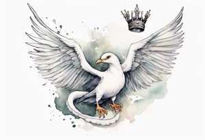a white bird-serpent hybrid, wearing a small crown on its head, flying in the air tattoo idea