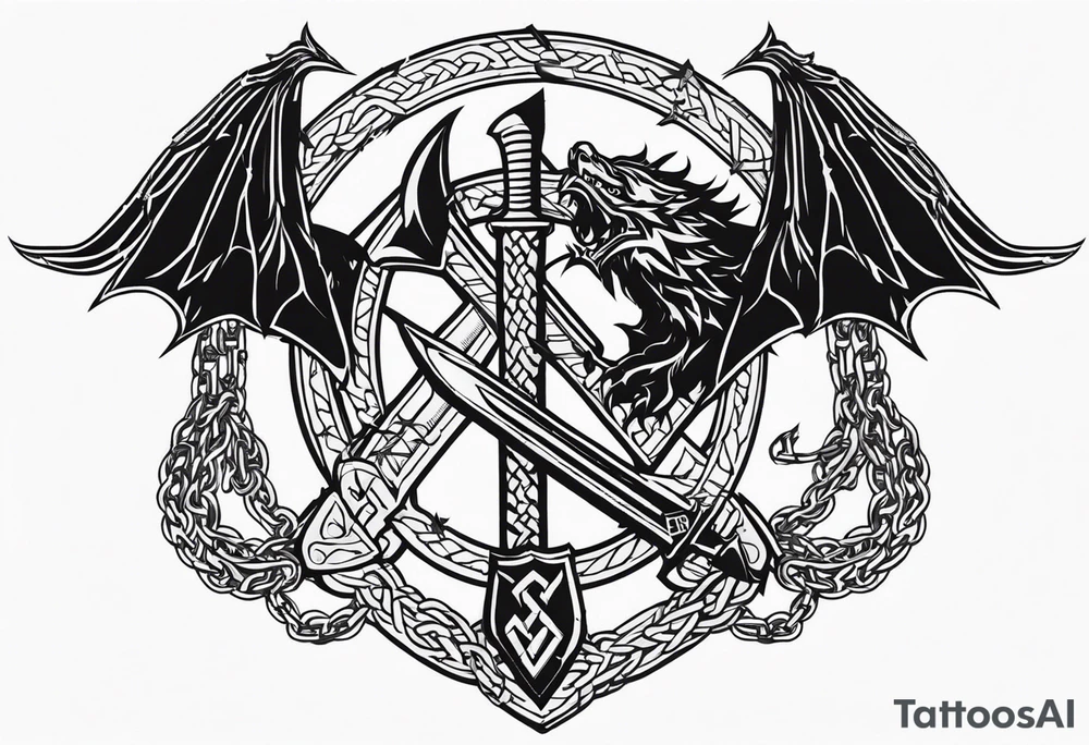 Valhalla sword shield dragon axe Valknut barbed wire chains tattoo idea Valhalla sword shield dragon axe Valknut barbed wire chains tattoo idea