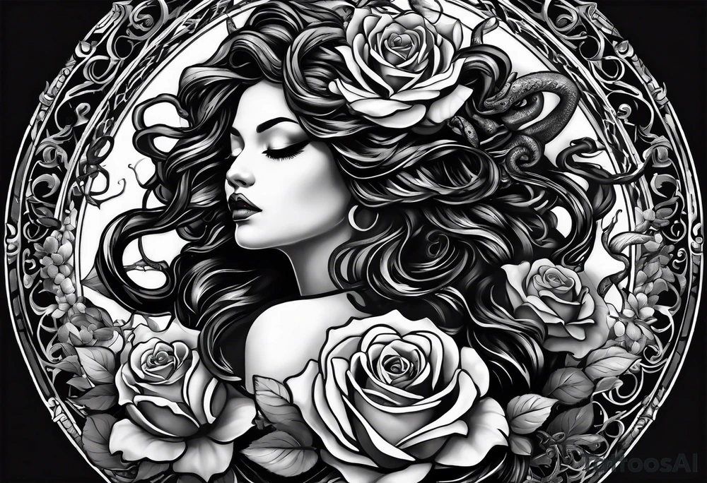 Medusa black roses, her story, just her head, rare, unique Mystic, mythical snakes, scales black shadow tattoo idea