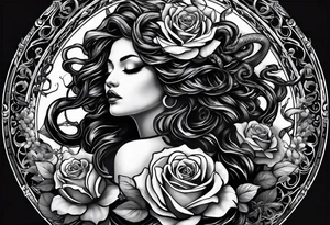 Medusa black roses, her story, just her head, rare, unique Mystic, mythical snakes, scales black shadow tattoo idea