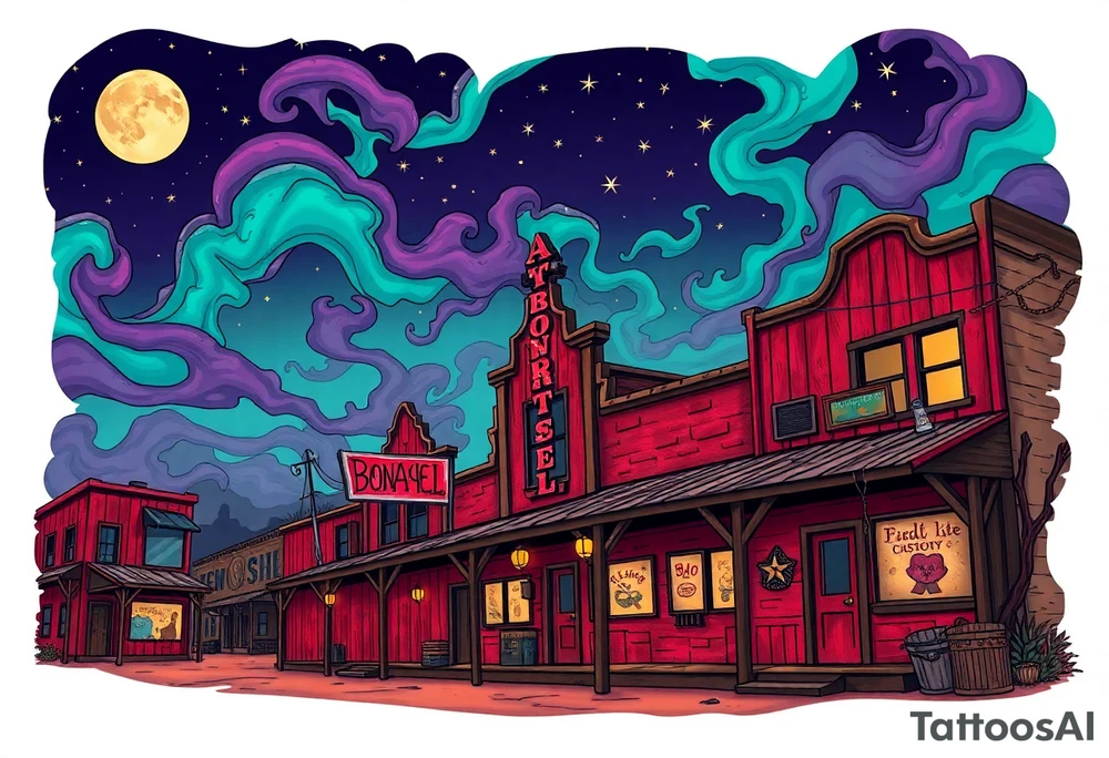 Tim Burton’s old western cowboy texas brothel r from outside view is the street abandoned and dripping with muted reds, dusty pinks, and eerie green glow purple and cyan smokey clouds swirl and dance in the moonlit night sky filled with twinkling stars  tattoo idea tattoo idea