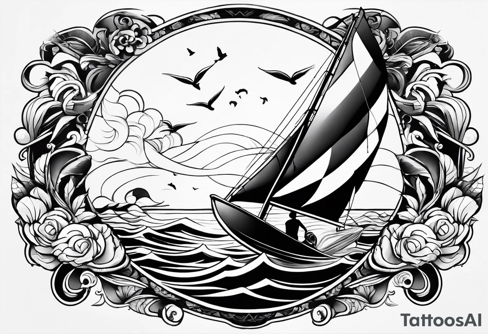 I want a fine tattoo with lots of detail depicting a kitesurfer with a heart-shaped sail inflated by the wind. tattoo idea