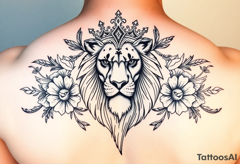 powerful majestic lion with a crown, surrounded by floral ornaments and birds tattoo idea